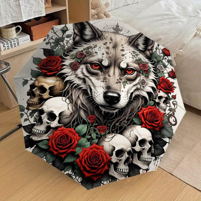 1PC Wolf Skulls Umbrella-8-Rib Reinforced Portable Folding Travel Suitable for All Seasons Outdoor Daily Use Is an Ideal Choice -F321