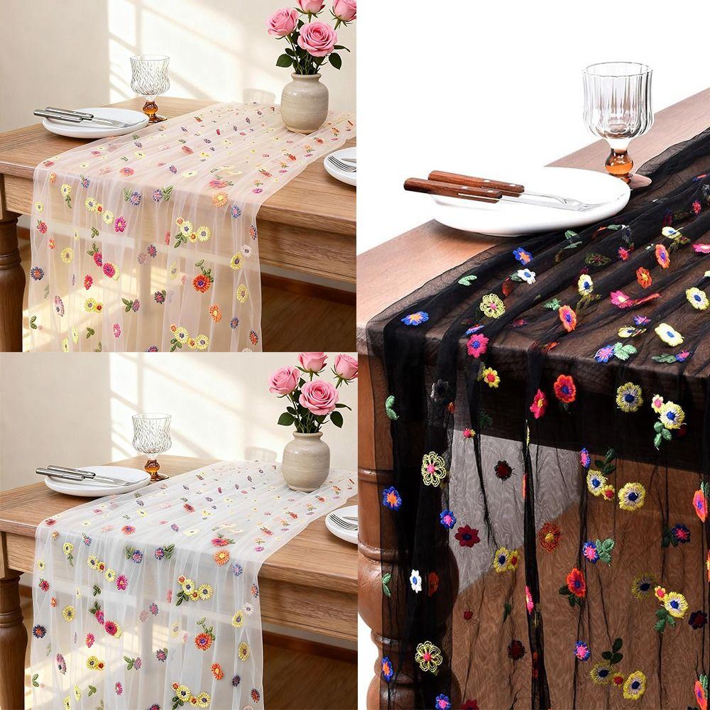 Hot Embroidery Daisy Table Runner Soft Breathable Tulle Table Runner Durable Kitchen Dining Table Decoration for Wedding Party