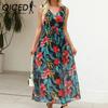 QICED Лето-Весна Платье без рукавов с v-образным вырезом и высокой талией на бретельках с цветочным принтом