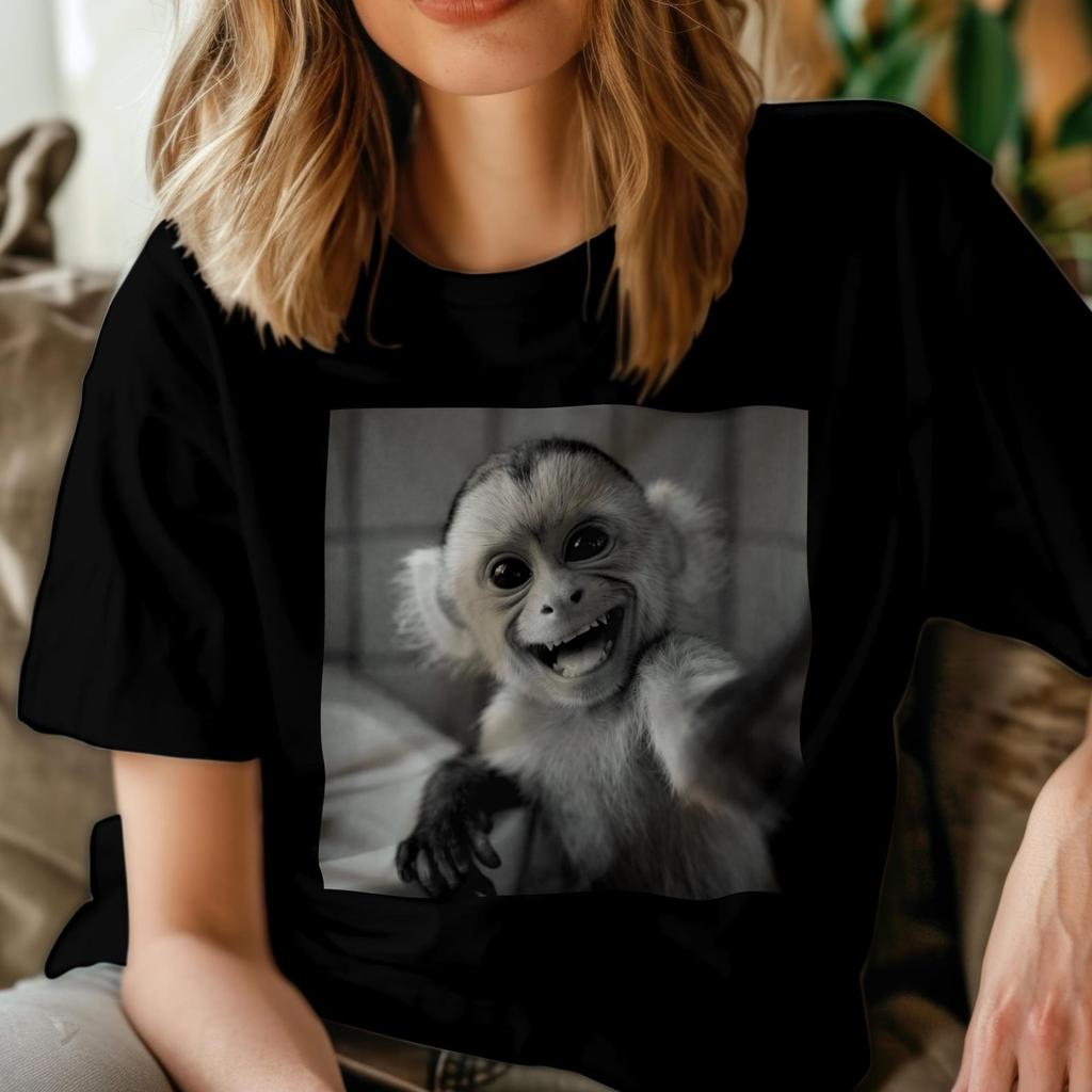 Smiling Monkey Photo T-shirt | Vintage Black & White Primate Portrait
