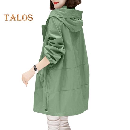 Осень-весна женское пальто с капюшоном на молнии с длинными рукавами Свободный кардиган на шнурке Пальто средней длины с карманами Тонкая повседневная одежда Рабочая уличная ветровка