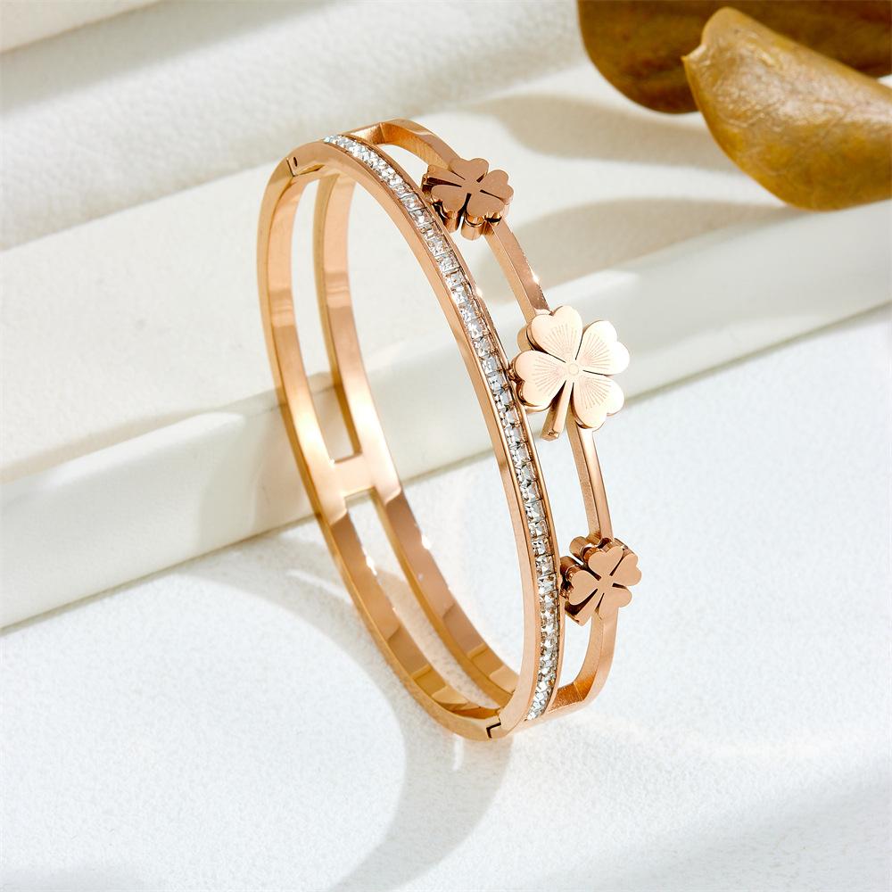 Four-leaf Clover Bracelet Double Ring with Diamond Buckle Lucky Grass Bracelet INS Wind Lucky Element