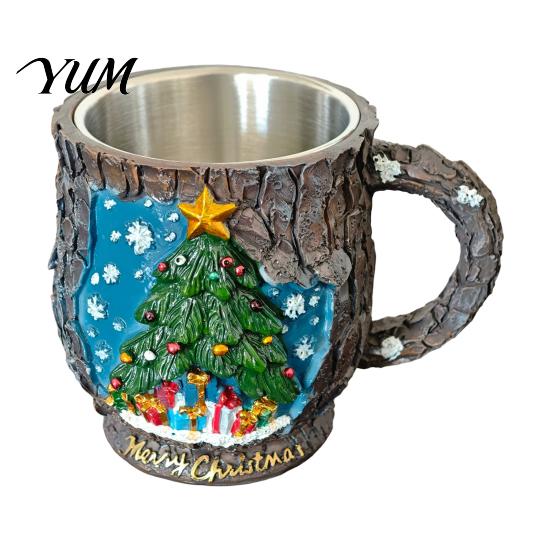 Christmas Mug Decorations Theme with Stainless Steel Liner, 3D Relief Hand Snowman Gift Mugs Painted Resin Coffee Cup, Decorative Drinkware