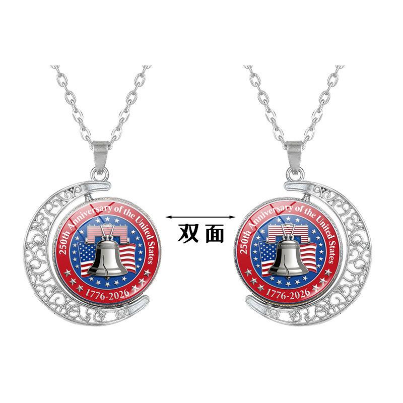 1Pc USA 250th Anniversary Double Sided Rotating Moon Alloy Necklace, Liberty Bell Flag