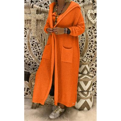 Женский осенне-зимний свободный вязаный повседневный свитер с длинным карманом и капюшоном