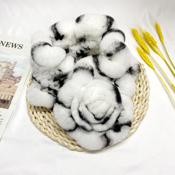 Шарф из натурального кроличьего меха Женский Настоящий рекс Грелка для шеи Стильный Зимний Теплый Модный Женский Шарфы Цветочные Шали 65x12см