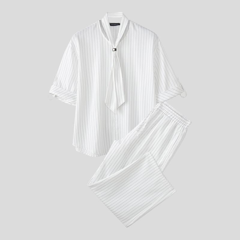 INCERUN 2 ШТ. Мужская рубашка с завязками на шее, с короткими рукавами, длинные прямые брюки, полосатые комплекты