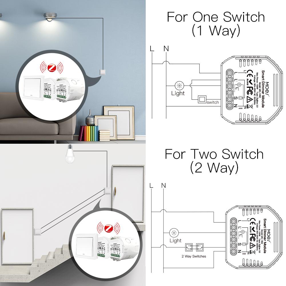 Moes Mini DIY Tuya ZigBee 3.0 Smart Dimmer Switch ZigBee3.0 Hub Required Works with Alexa Google Home Voice Control 1/2 Way