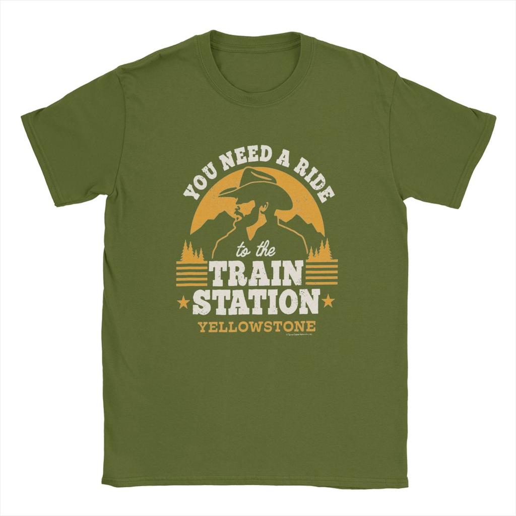 Yellow Stones Ride Train Station Men's T Shirts Vintage TV Cowboy Novelty Tee Short Sleeve Round Collar T-Shirts Cotton Adult