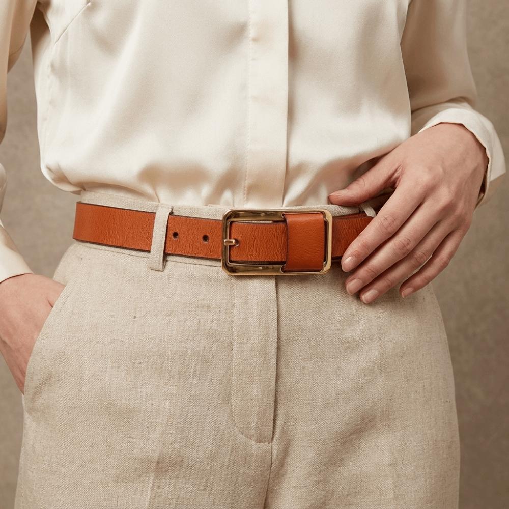 Metal Buckle Genuine Leather Belt Solid Color Women Waistband Adjustable Thin Waist Belt Students