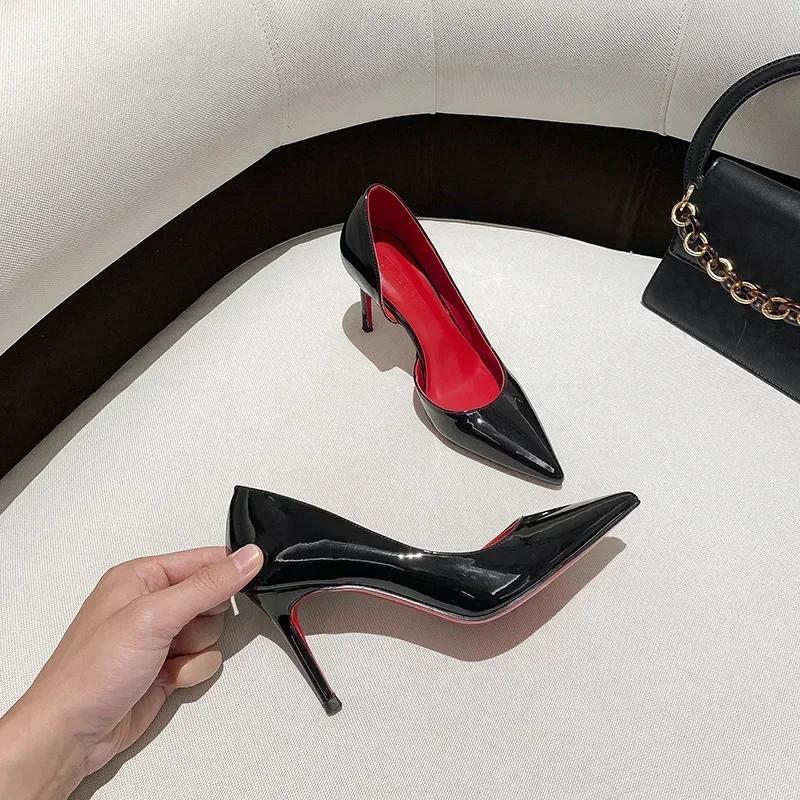 Красная подошва лодочки женские туфли черные остроконечные лакированные кожаные туфли с боковыми вставками на высоком каблуке женские тонкие каблуки элегантные и сексуальные одинарные туфли