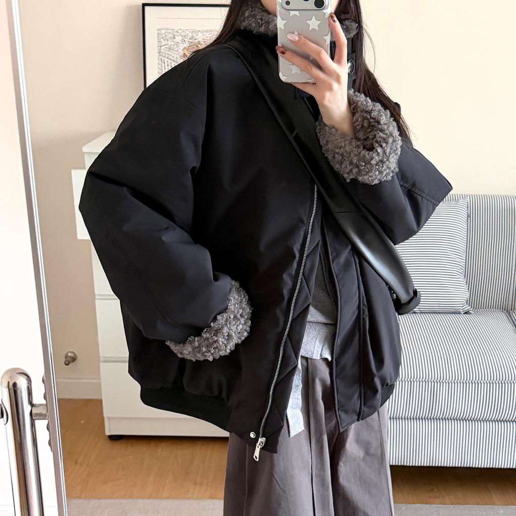 Splicing lapel cotton clothes women's winter loose warm short jacket pink front and back wear pie to overcome