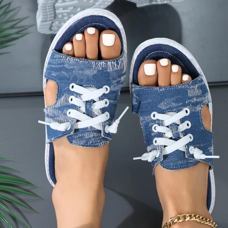 Мода 2024 года, новые летние женские туфли, модные женские тапочки с открытым носком и низким каблуком, большие размеры, женские римские тапочки со шнуровкой