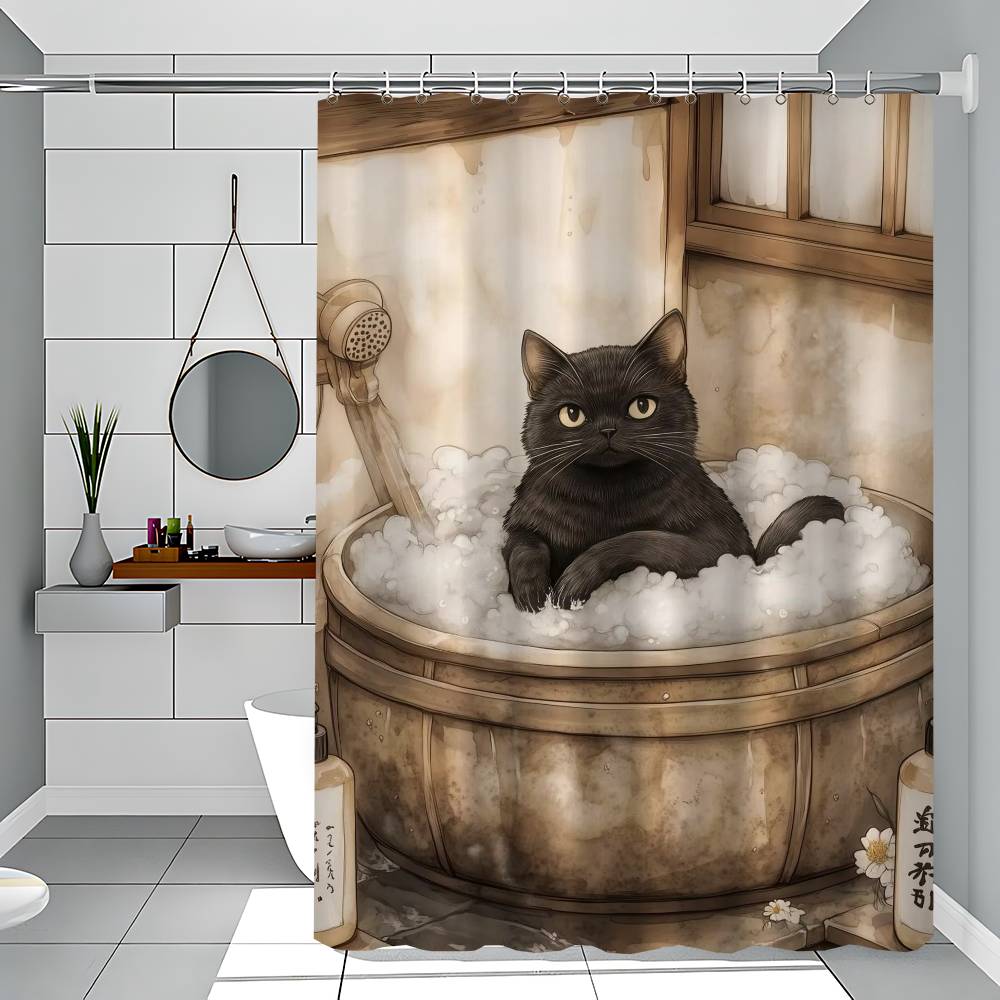 Japanese Black Cat Bathing Moon Lucky Cat Funny And Creative Beach Shower Curtain Waterproof Polyester Bath Curtains Bathroom