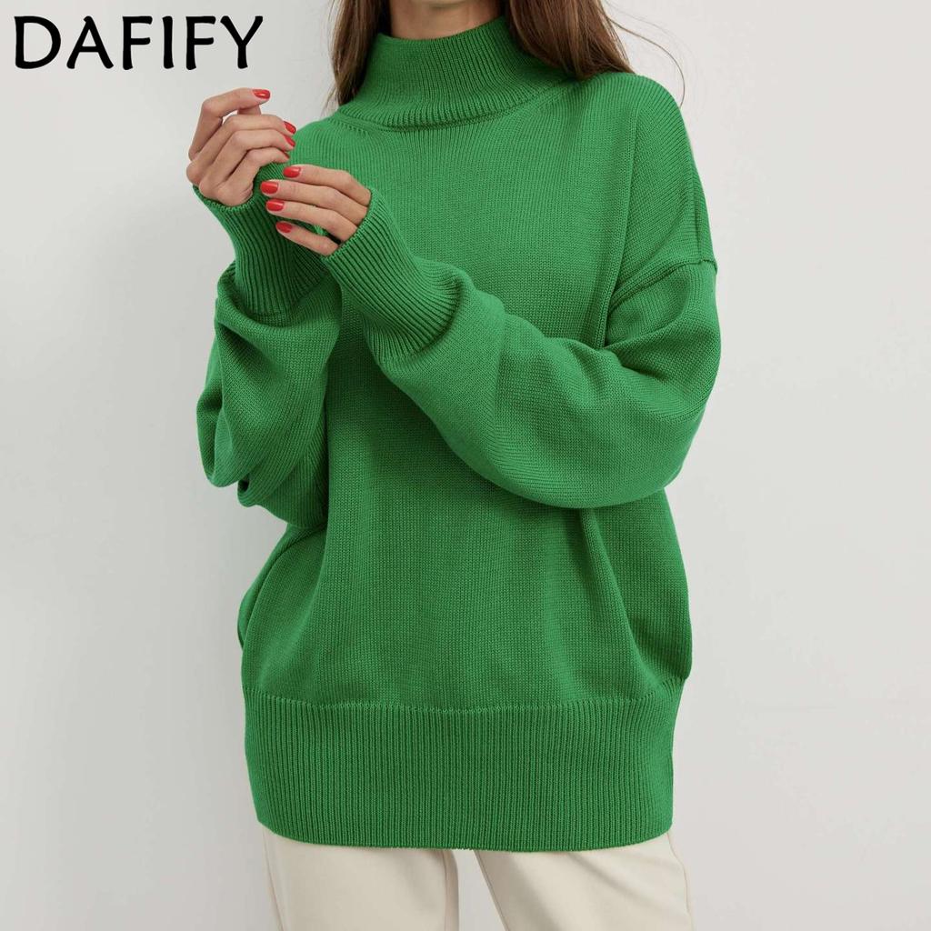 DAFIFY Women's Fashion Casual Fall Winter Solid Color Print Long Sleeve High Neck Sweaters