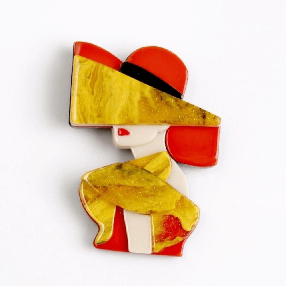 Cartoon Women Portrait Pin Acrylic Girl Badge Retro Lady with Hat Brooch