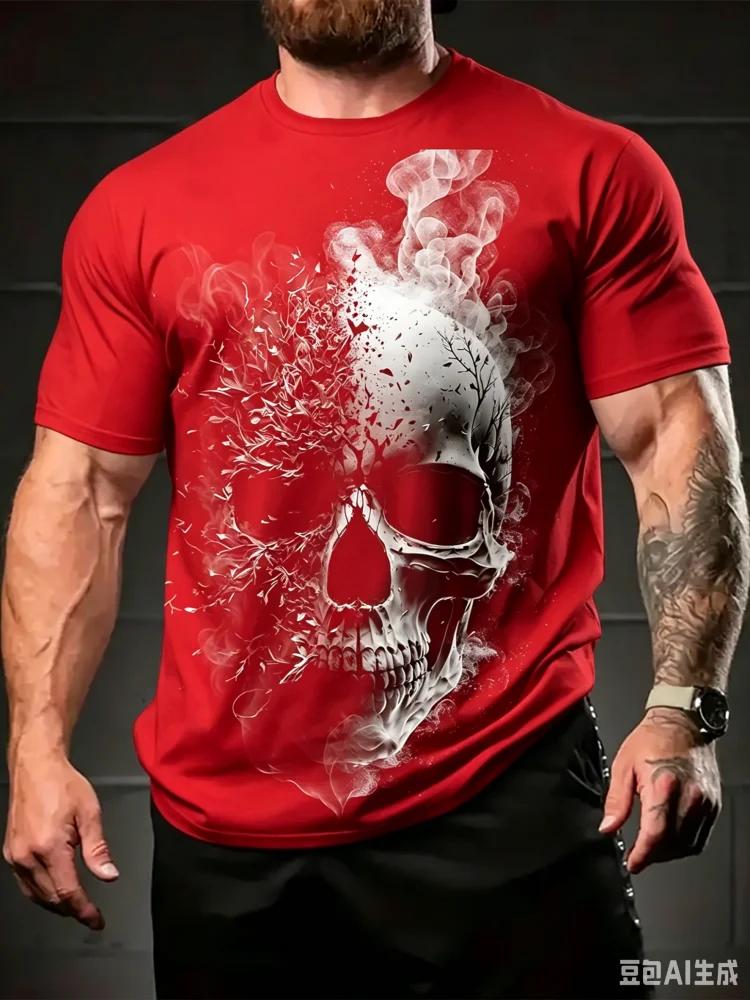 Street Style 3D Skull Printed T-shirt Summer Casual Personalized Hip Hop Round Neck Top Men's Daily Fashion Fitness Short Sleeve Men's Wear