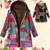 Женское пальто с застежкой-молнией, длинные рукава, теплые куртки, плюшевое пальто средней длины с капюшоном, этнический принт, устойчивая к холоду верхняя одежда для зимы XJ