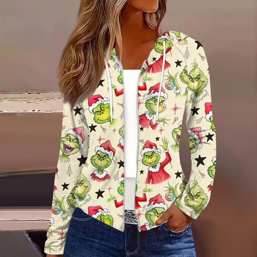 Women's Fashion Christmas Print Casual Zip-Up Long-Sleeved Hooded Jacket