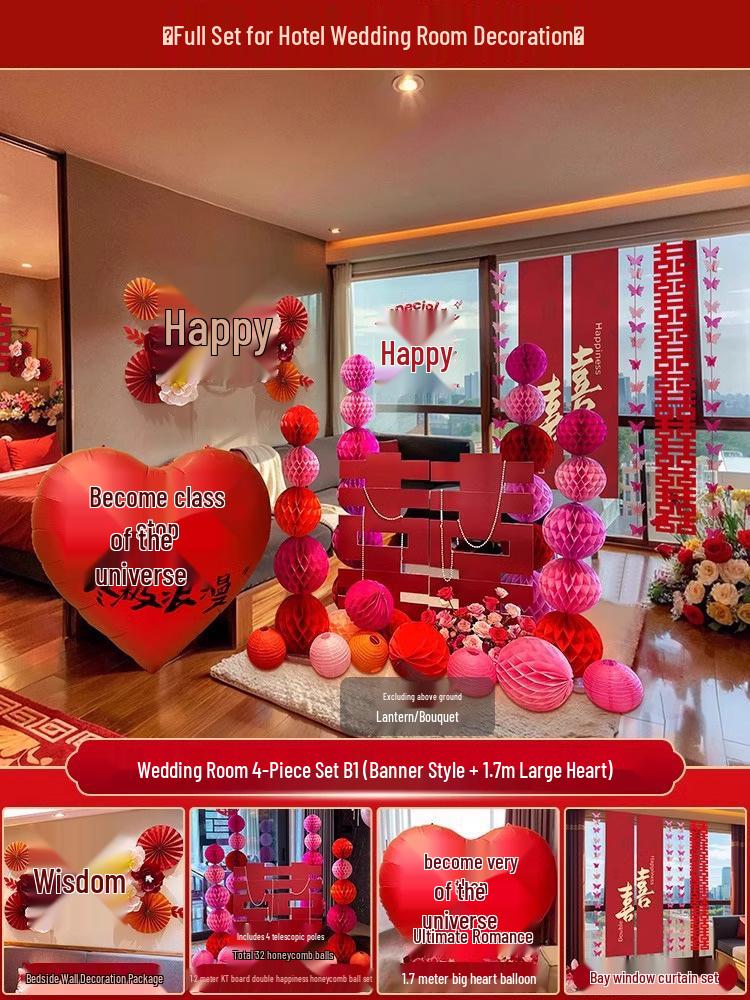 Bridal Wedding Room Decoration Set with No-Trace Double Happiness for Hotels and Living Rooms