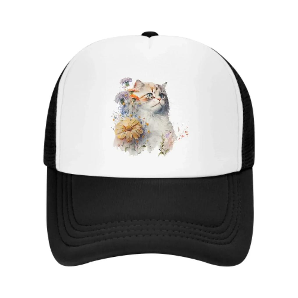 Floral Cat Mesh Trucker Hats for Unisex Women Adjustable Casual Fashion Baseball Caps for Outdoor Activities