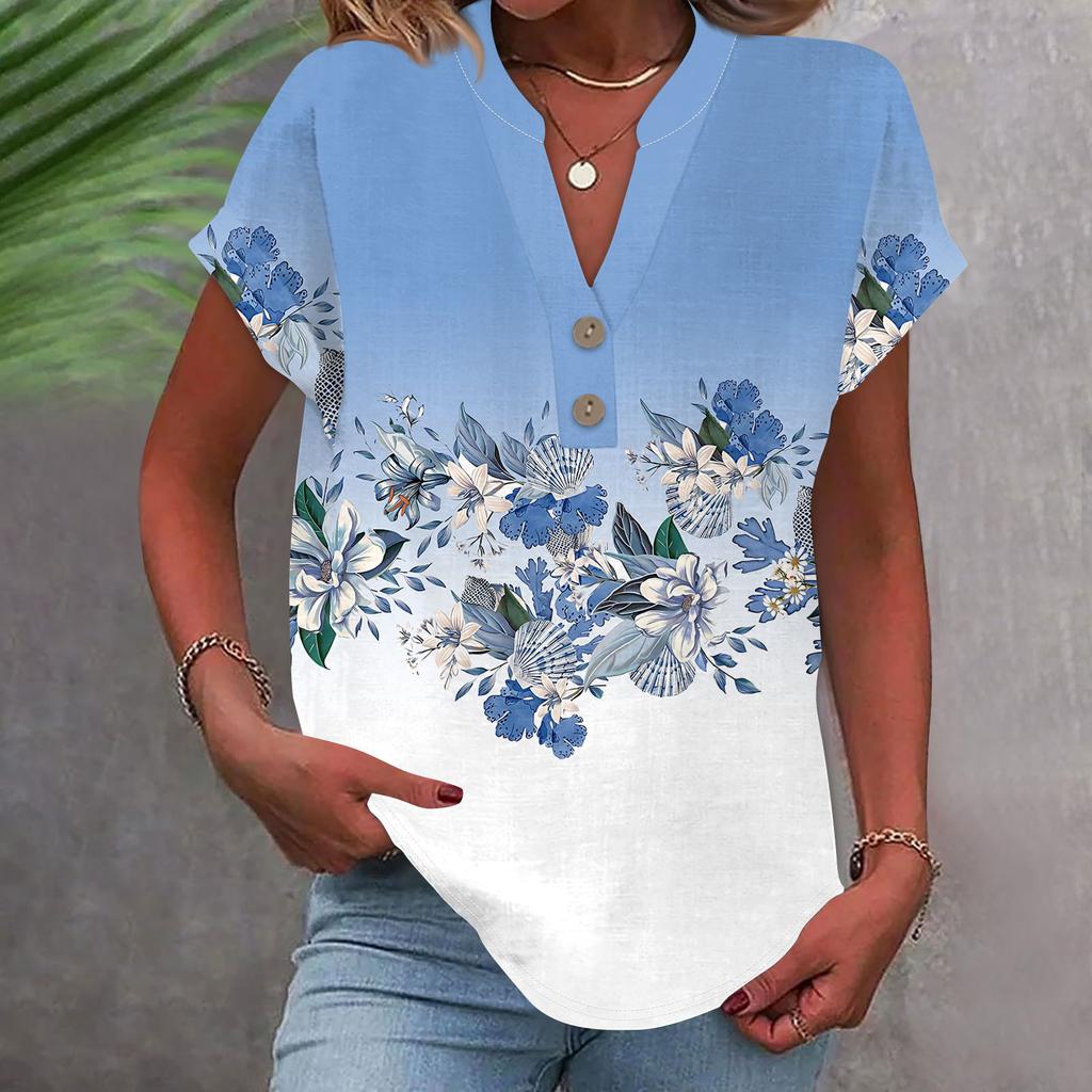 Женская модная повседневная рубашка с v-образным вырезом и коротким рукавом с принтом, футболка на пуговицах, топ