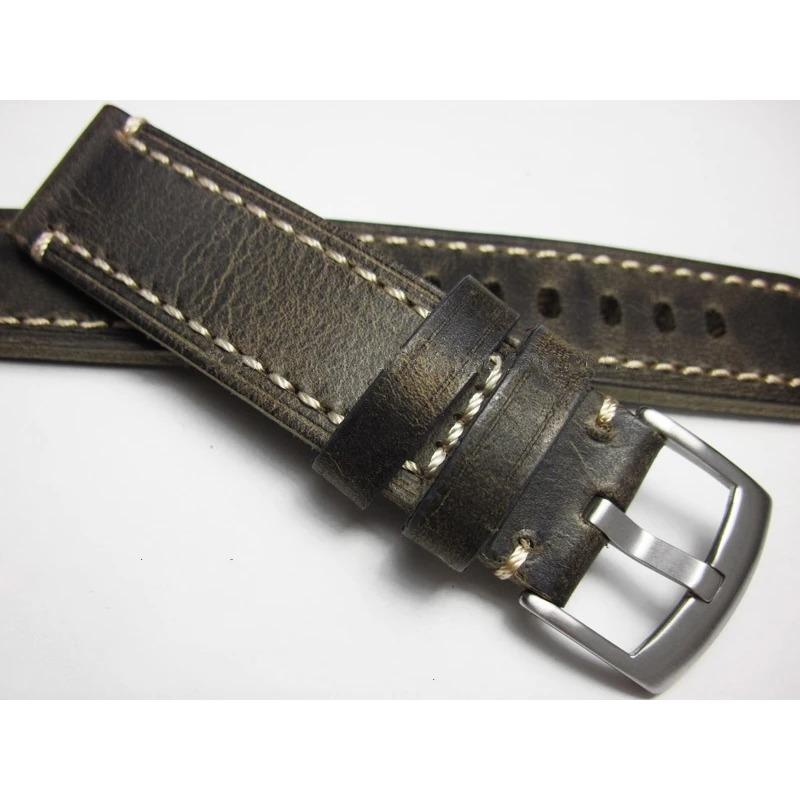 Ремешок для часов 18, 19, 20, 21, 22, 24 мм, серый ремешок ручной работы в стиле ретро, ​​первоклассный ремешок для часов из воловьей кожи, браслет, мужские ремни, ремень из натуральной кожи