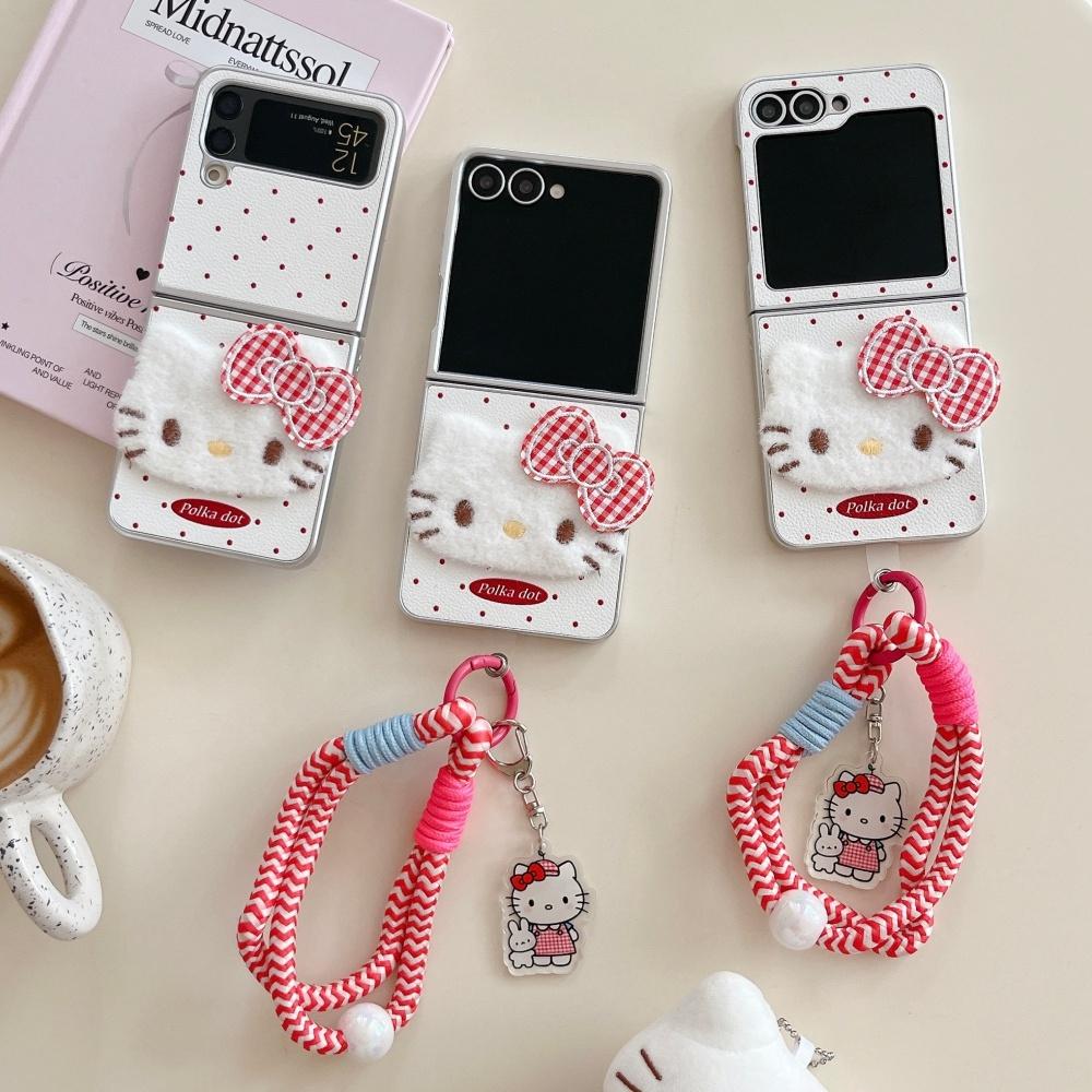 Забавный Милый Чехол Hello Kitty для Samsung Galaxy Z Flip 7 6 5 4 3 Z Flip6 Z Flip5 Чехол с Ремешком KT Мультяшный Жесткие Чехлы