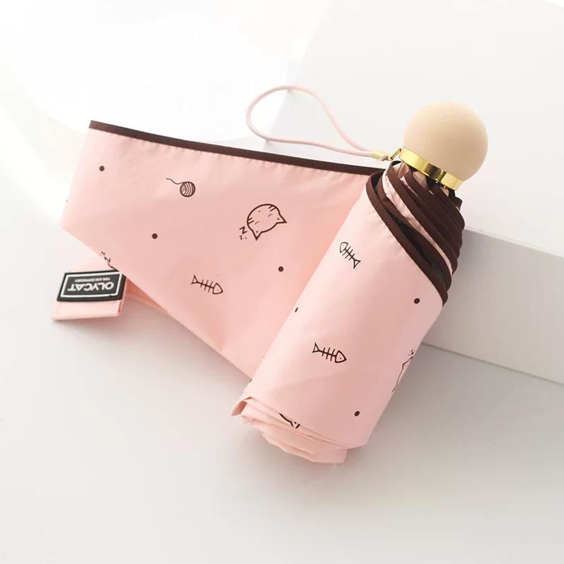 Olycat Cartoon Kitten Small Five-Fold Umbrella Rain Dual-Use Umbrella Black Glue UV Protection Sun Umbrella for Women