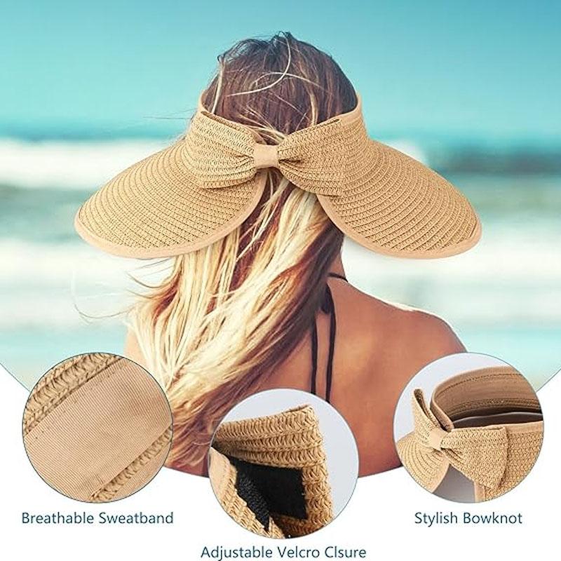 Straw Hat Women Foldable Visor Hats,Sun Visors for Women Wide Brim Straw Ponytail Summer Beach Hat