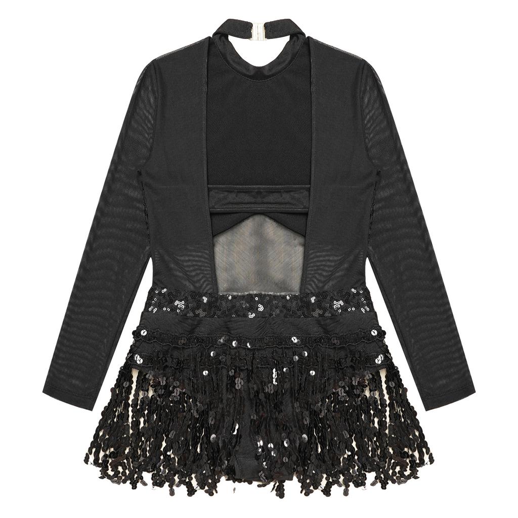 Детское платье для танцев для девочек, блестящие пайетки, бахрома по подолу, стиль пэчворк, трико, танцевальная одежда, сценическая одежда