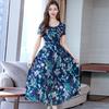 Женское летнее платье с цветочным принтом, пляжное платье длиной до середины икры с узкой талией, короткими рукавами, круглым вырезом, платье А-силуэта для вечеринки в отпуске