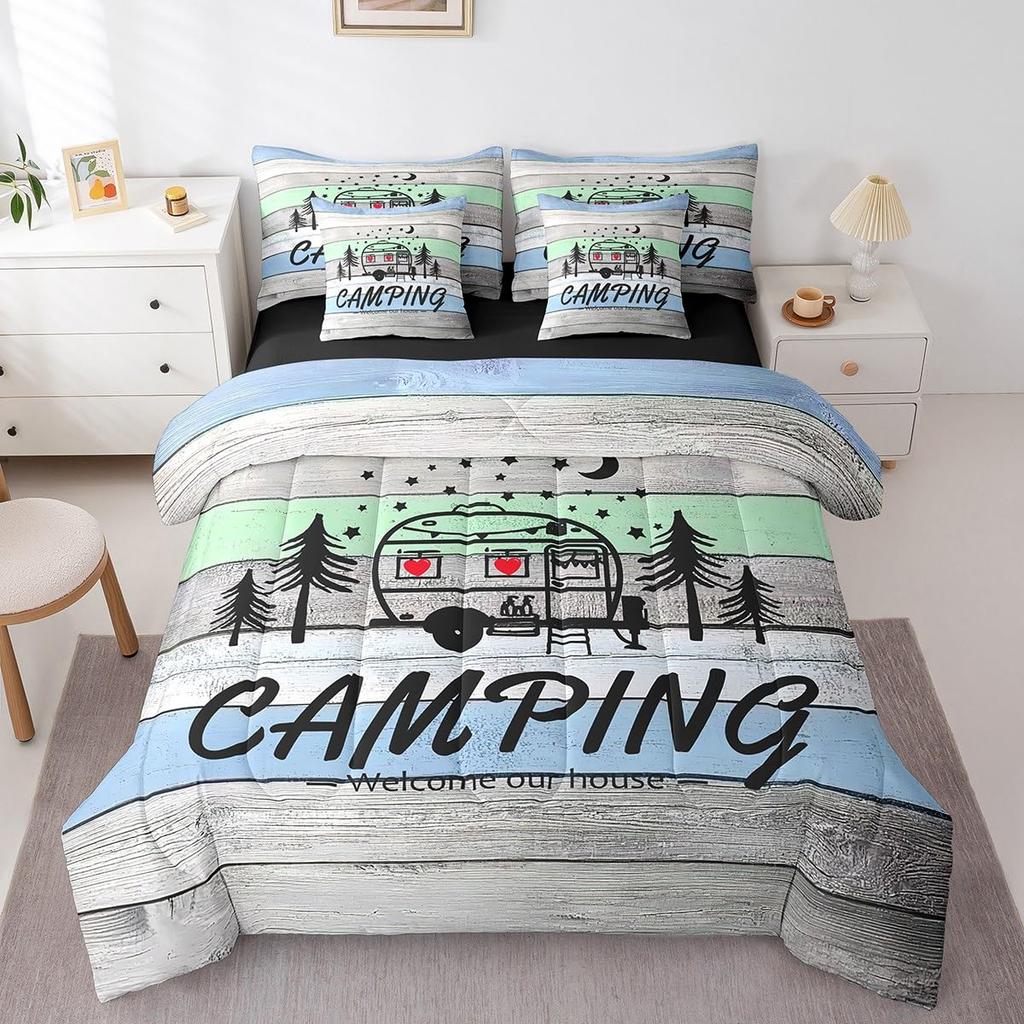 Erosebridal Happy Camping 7 Piece Comforter Set Queen Bed in a Bag for Kids,Hunting Bear and Pike Fish Bedding,Camper Accessories Sheet Set,