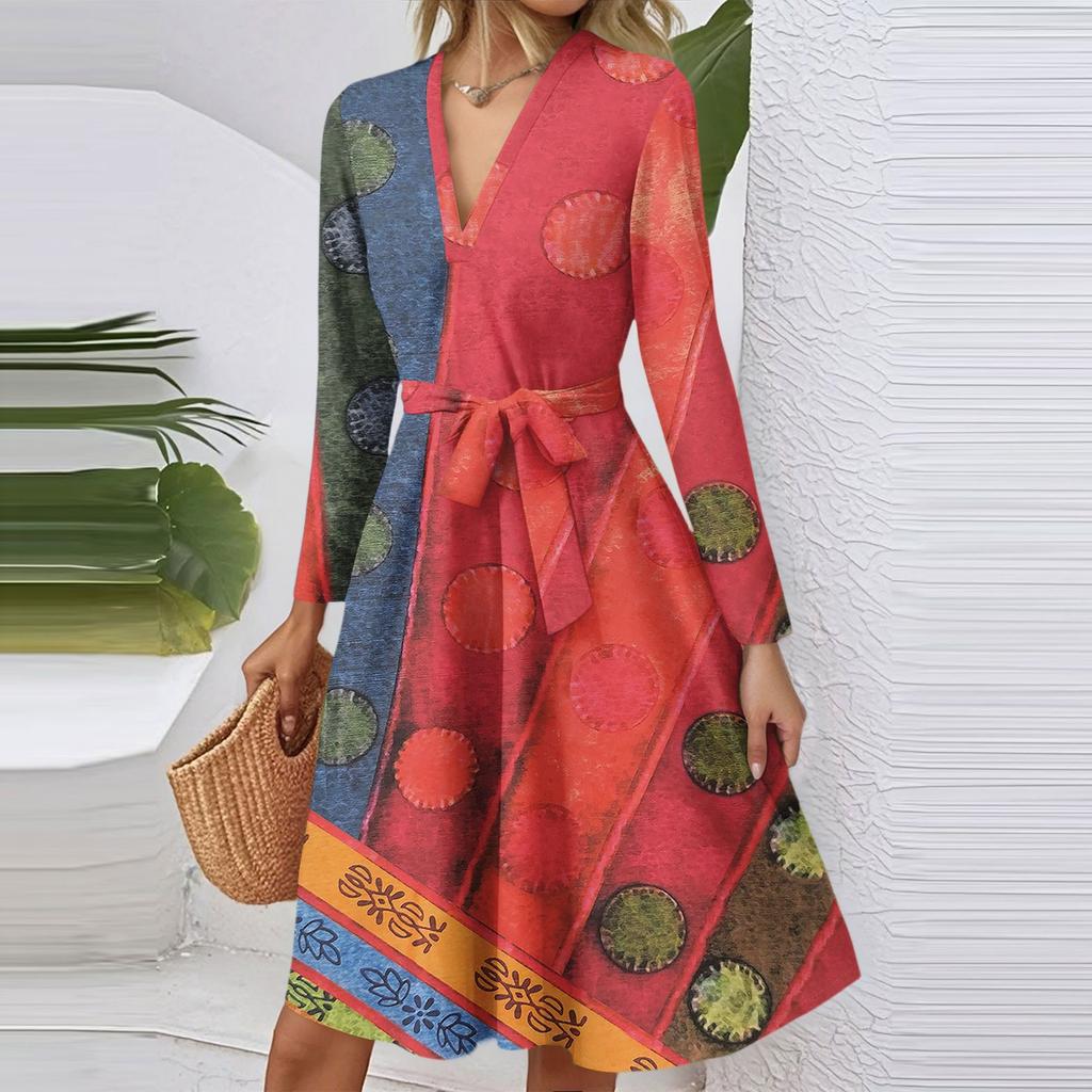 Women's Fashion Casual V-Neck Long Sleeve Waist Floral Print Midi Dress