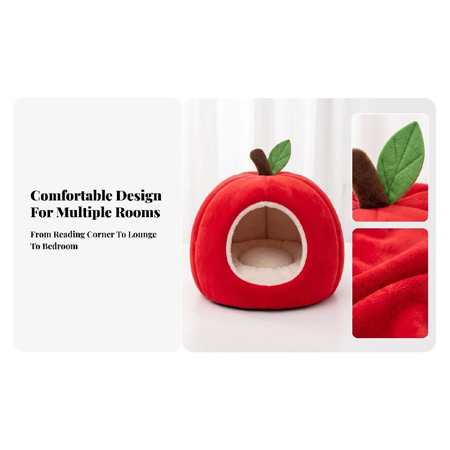 Apple-Shaped Pet Bed Cozy Enclosed Pet Bed with Removable Cushion Hideaway Cat House Warm Cat House with Cushion Soft for Cats