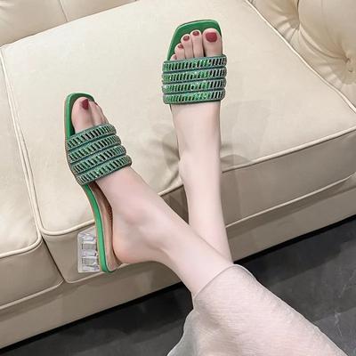 Летние новые тапочки со стразами для женщин, сексуальные туфли на высоком каблуке-шпильке с открытым носком, сандалии больших размеров с квадратным носком, шлепанцы Zapatillas Mujer