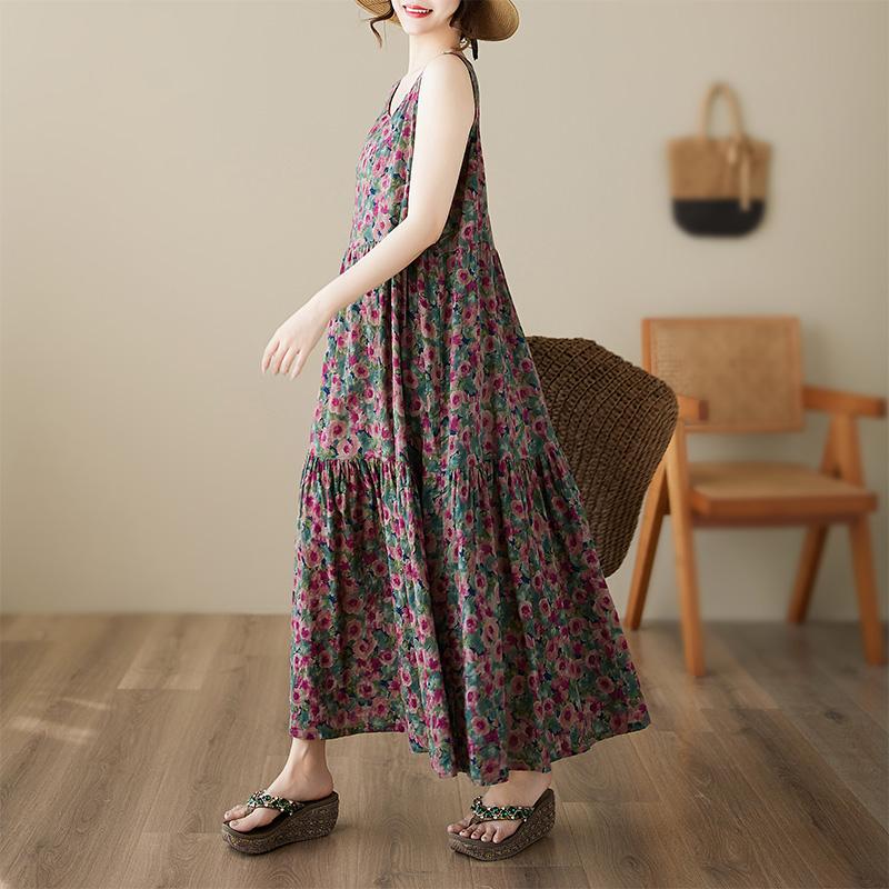 DIMANAF Платье больших размеров Летнее Женское Винтажное Льняное Элегантный стиль Без рукавов Цветочное Свободное Новое Длинное Платье 8028