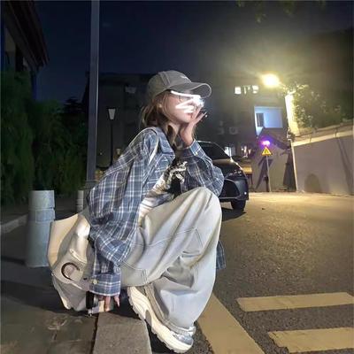 Женская осенняя американская ретро клетчатая синяя рубашка - Универсальная повседневная куртка-солнцезащита