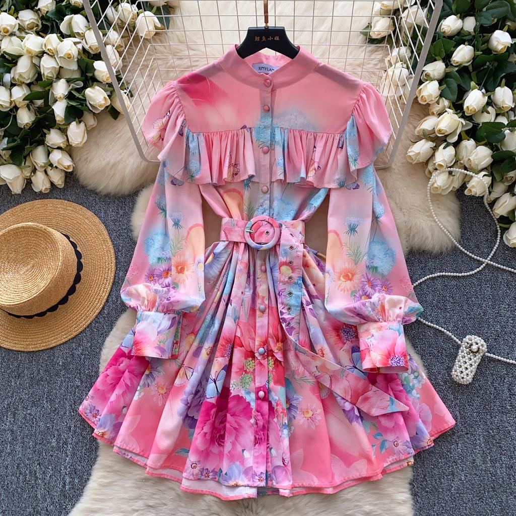 Spring Summer Women Elegant Lantern Sleeve Ruffles Mini Short Princess Holiday Party Dresses With Belt