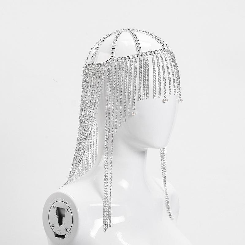 Преувеличенное длинное кисточное алюминиевое цепное украшение на голову с жемчужной подвеской для женщин