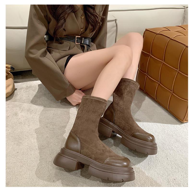 Зимние сапоги модные эластичные женские осенние ретро модные удобные сто подходящих узких коротких сапог на толстом каблуке тонкие сапоги
