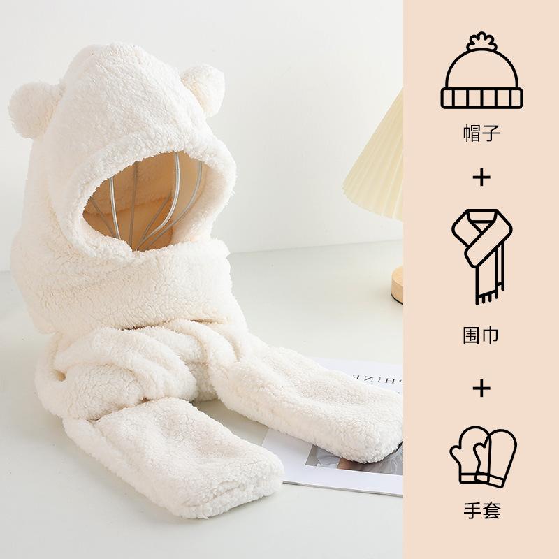 Плюшевая женская шапка на осень и зиму, теплая, милая, пушистая шапка с медведем, шарф, комплект из трех предметов