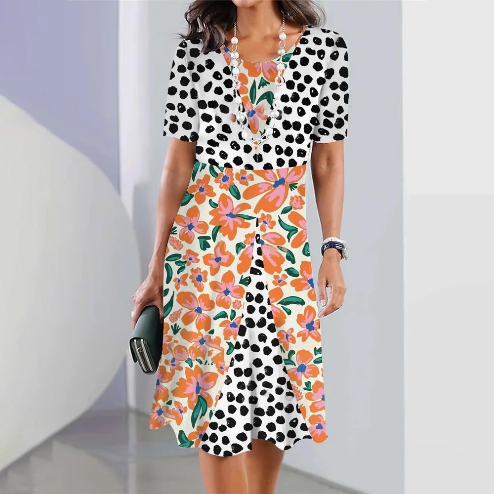 Женское модное платье с цветочным принтом, летнее ретро-платье с круглым вырезом, повседневное платье А-силуэта, свободное женское платье с коротким рукавом