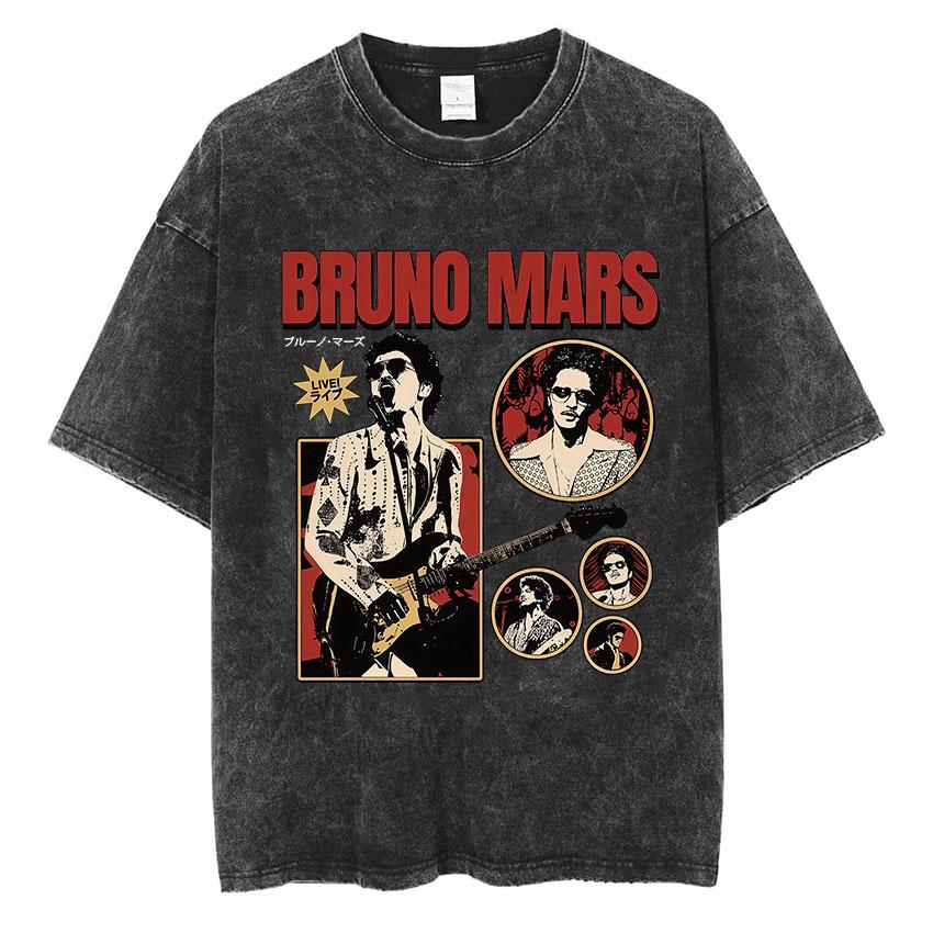 Bruno Mars The Romantic Tour 2026 Vintage Washed T Shirts Mens Women Punk Gothic Fashion Cotton Short Sleeve TShirt Streetwear