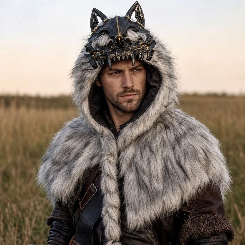 Viking Costume Wolf Skull Hood Furry Warrior Mantle Hat Halloween Headgear Renaissance Festival