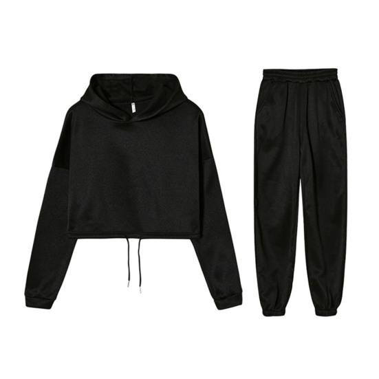 2 шт./компл. женский однотонный спортивный костюм, спортивный комплект из 2 предметов, с капюшоном и длинными рукавами, укороченный