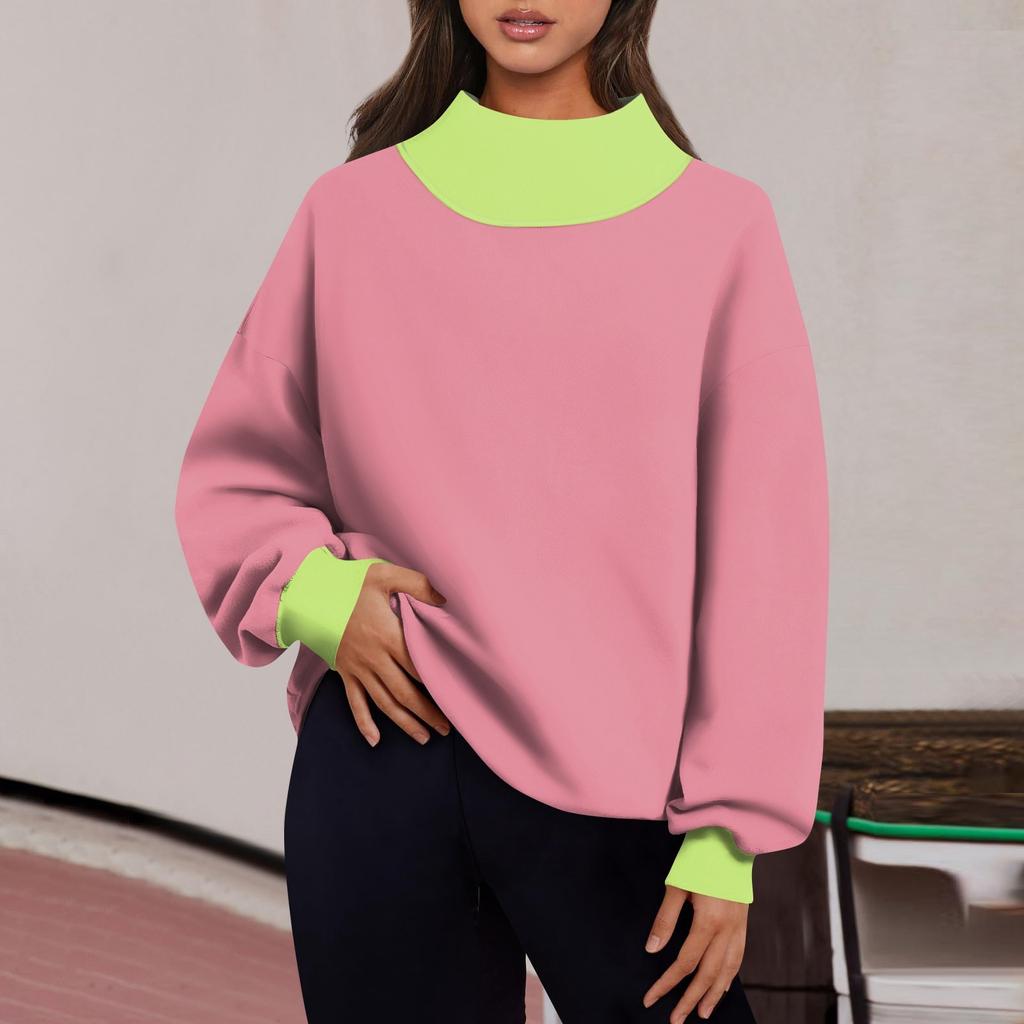 Женская мода с длинным рукавом и цветными блоками, свободная водолазка с разрезом и половиной водолазки, топ
