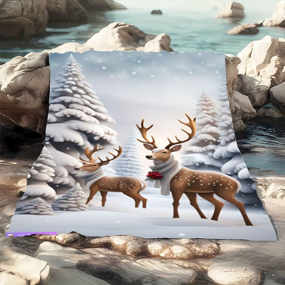 Зимняя сказка Олень Уютный флисовый плед - Мягкий дизайн заснеженного леса с очаровательными коричневыми оленями в серых шарфах - Идеально для