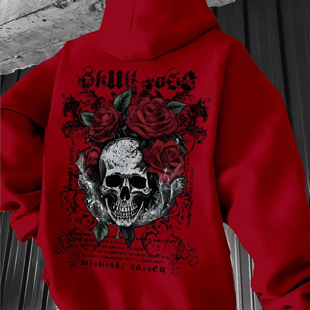 Мужская толстовка Grim‑rose Модный Задний Ретро Готический Череп Цветочный Мотив Принт Пуловер Для Мягкой Расслабленной Повседневной Уличной Одежды