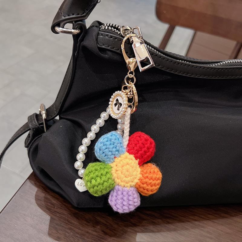 Handmade Crochet Flower Keychain Set, Colorful Knit Flower Bag Charm with Pearl Strap,Crochet Flower Keychain, Pearl Strap Charm